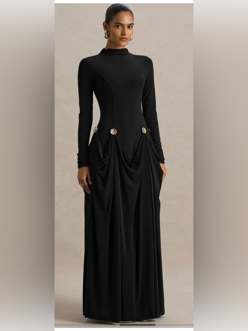 Black Long Sleeve modest Maxi Dress with draped gold buttons